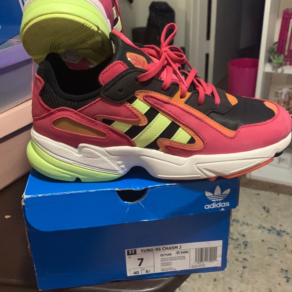 adidas Yung-96 Chasm Pink and Green Athletic Shoes